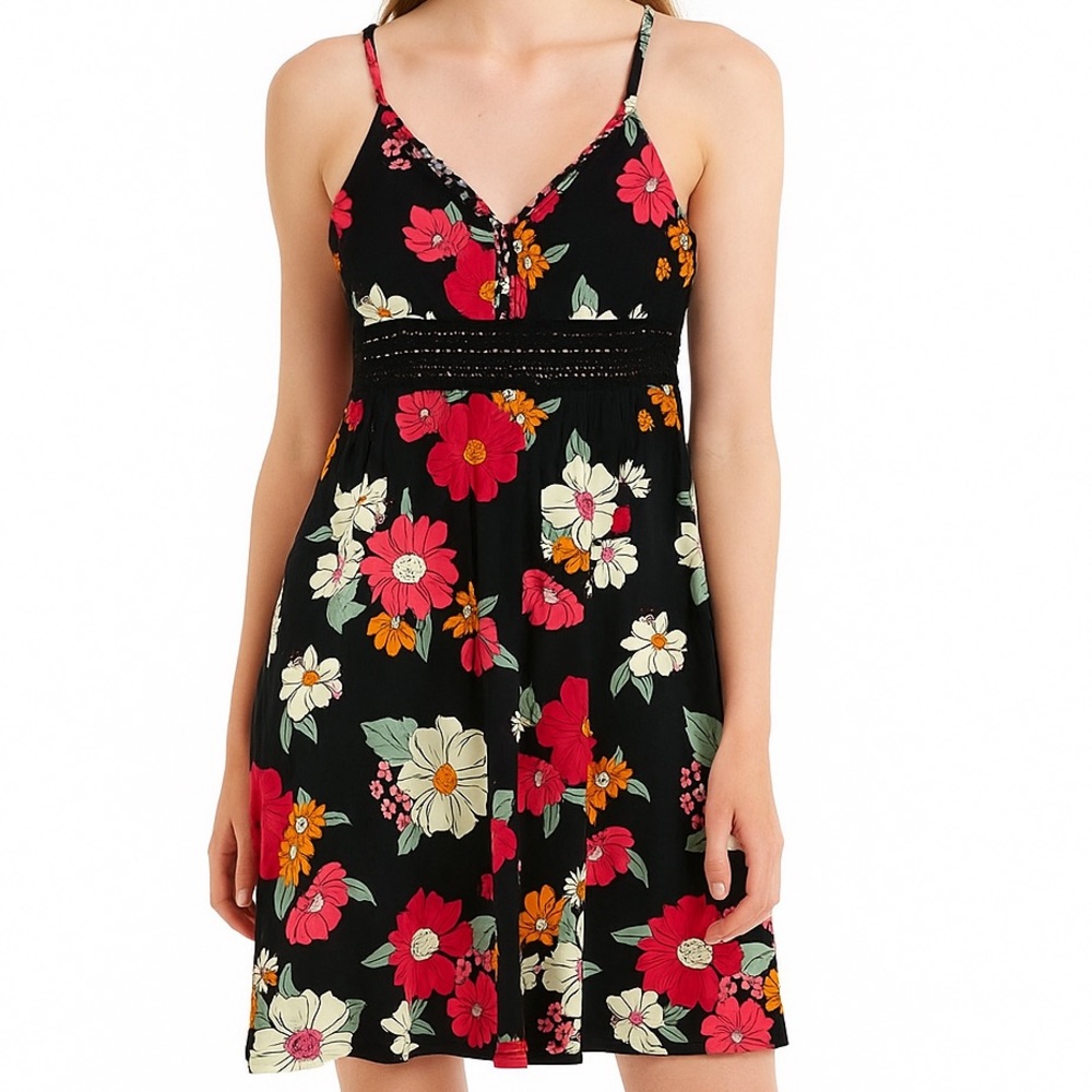 No Boundaries Black Floral Mini Dress | XS Braided Strap Crochet Bust | Summer